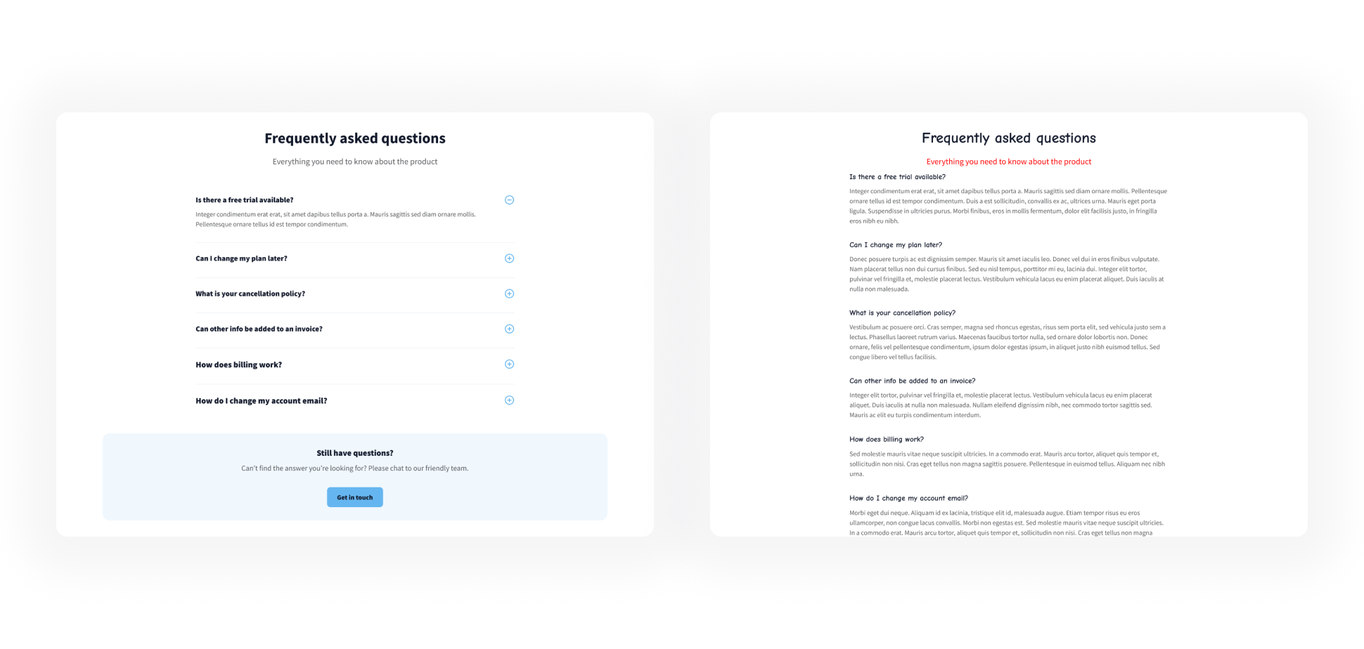 Infographic showing good and bad examples of FAQs