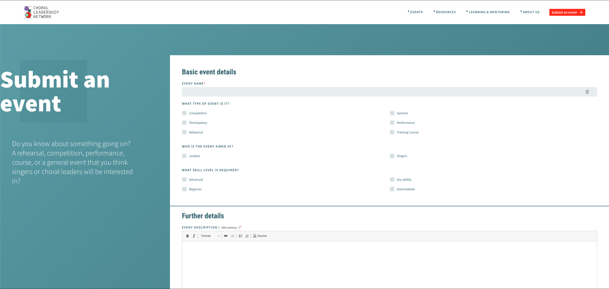 The Choral Leadership Network page for submitting an event