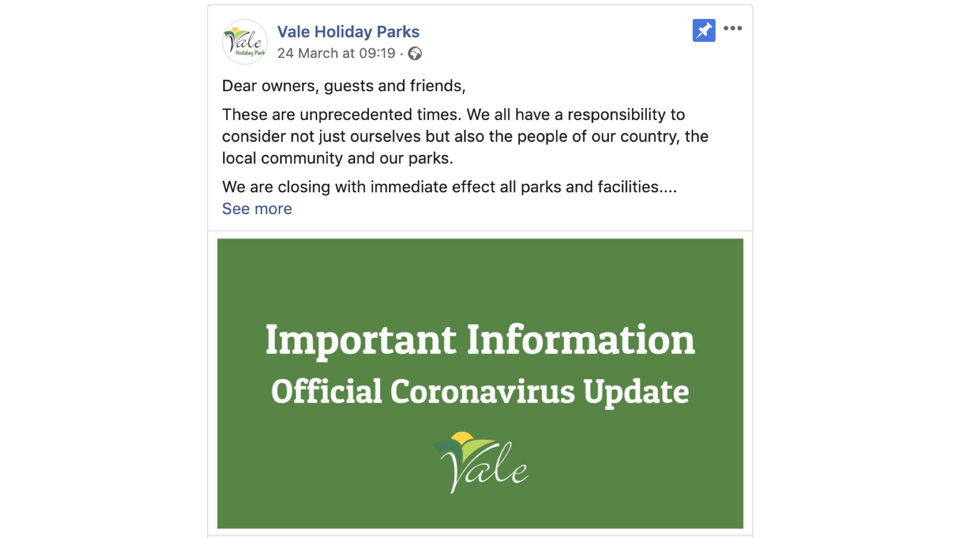 Vale Holiday Parks Facebook post