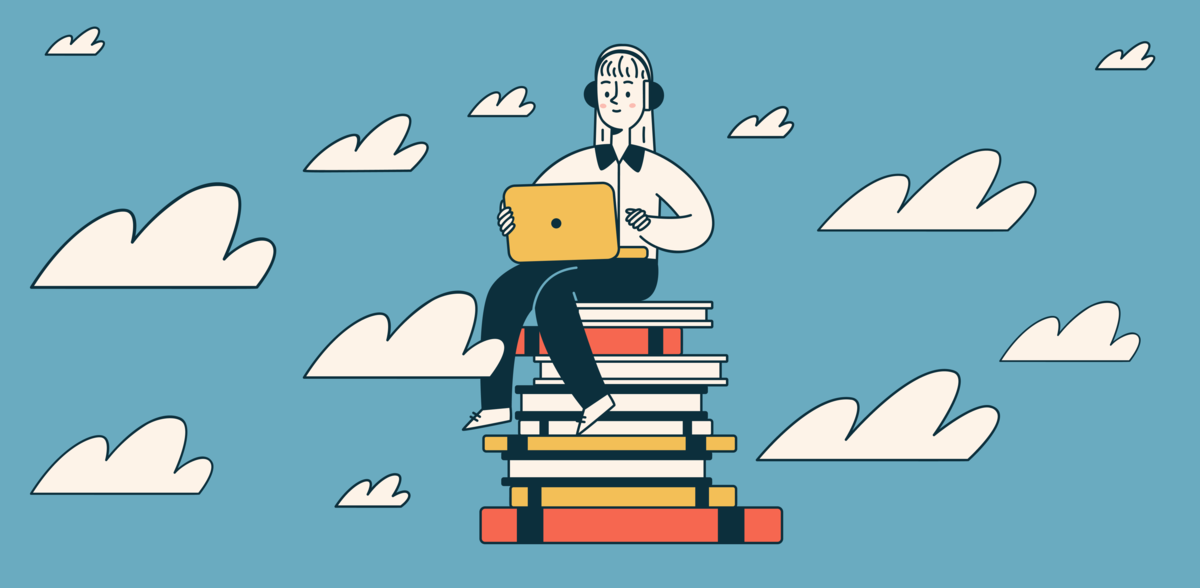Illustration of person sitting on stack of books
